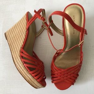 [Ann Taylor] Coral Leather Ankle Strap Wedges NWOT
